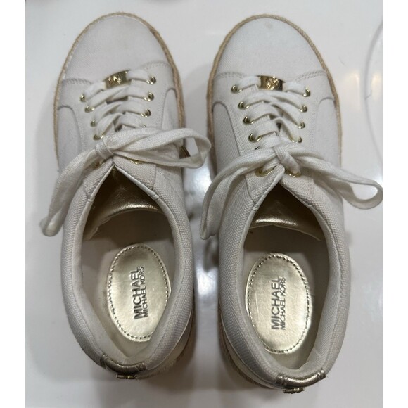 Michael Kors Canvas Espadrille Platform Sneakers Gold Ivory Lace Up 8.5M - Picture 1 of 6